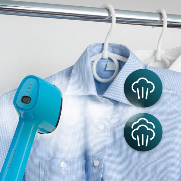 Imagen 6 Plancha vertical IronHero V-1500 Essential Blue de 1500 W con suela cerámica. Lista en 30 segundos, compacta y perfecta para viajes. Incluye cepillo de silicona.