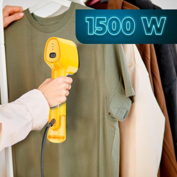 Imagen 4 Plancha vertical IronHero V-1500 Essential Yellow de 1500 W con suela cerámica. Calentamiento en 30 segundos, ligera y compacta, ideal para viajes y retoques.