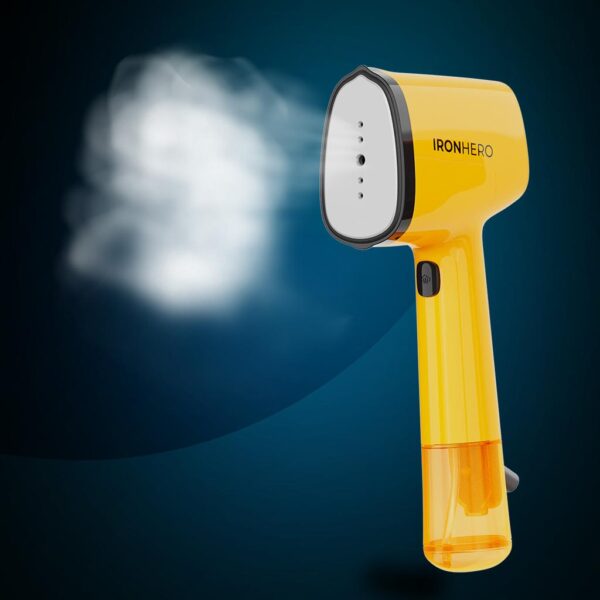 Imagen 5 Plancha vertical IronHero V-1500 Essential Yellow de 1500 W con suela cerámica. Calentamiento en 30 segundos, ligera y compacta, ideal para viajes y retoques.