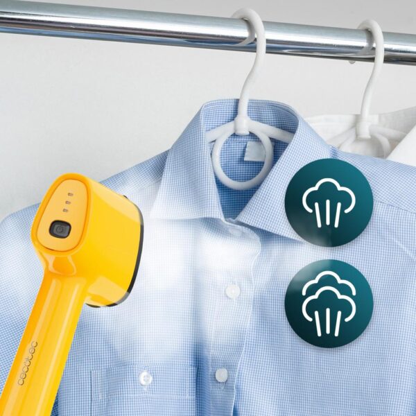 Imagen 6 Plancha vertical IronHero V-1500 Essential Yellow de 1500 W con suela cerámica. Calentamiento en 30 segundos, ligera y compacta, ideal para viajes y retoques.