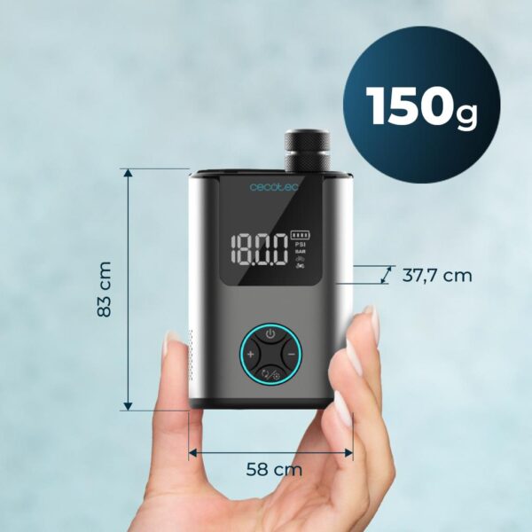 Imagen 5 Inflador eléctrico Cecotec Mini Air Max con batería de 600 mAh y 150 psi. Diseño ultra compacto de 150g ideal para bicicletas, motos, coches y patinetes.