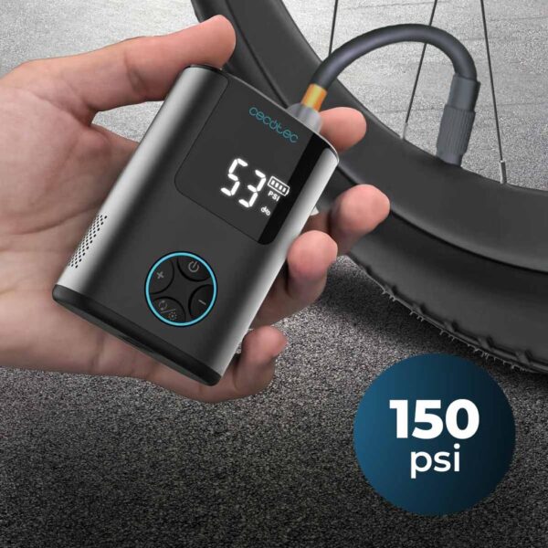Imagen 6 Inflador eléctrico Cecotec Mini Air Max con batería de 600 mAh y 150 psi. Diseño ultra compacto de 150g ideal para bicicletas, motos, coches y patinetes.
