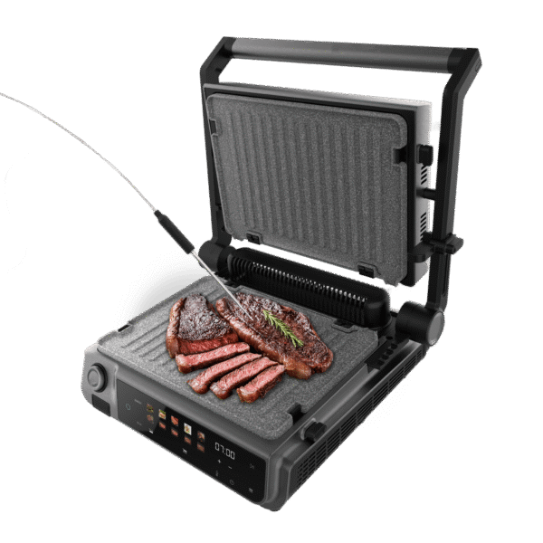 Imagen 2 Parrilla eléctrica de 2000 W con tecnología Smokeless y sonda de temperatura PerfectCook. Ideal para smash burgers gracias a su diseño y potencia.