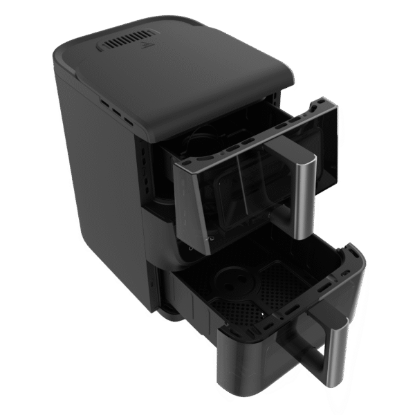 A01_EU01_109328-Imagen-3 Imagen 3 Freidora de aire Cecotec de 10L con diseño vertical y doble cesta de 3.5 y 6.5L. Potencia de 2000 W, ventanas de visualización y 10 menús para cocinar sano.