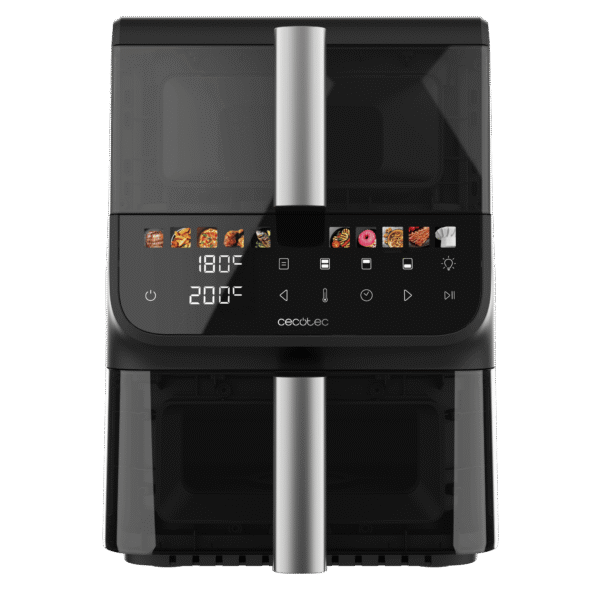 A01_EU01_109328-Imagen-4 Imagen 4 Freidora de aire Cecotec de 10L con diseño vertical y doble cesta de 3.5 y 6.5L. Potencia de 2000 W, ventanas de visualización y 10 menús para cocinar sano.