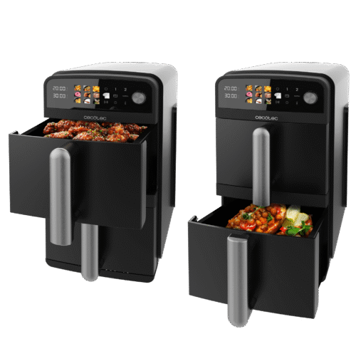 Imagen 2 Freidora de aire de 10 L con diseño vertical y cubetas superpuestas de 5 L. Potencia de 2400 W, control táctil y cocción saludable sin aceite.