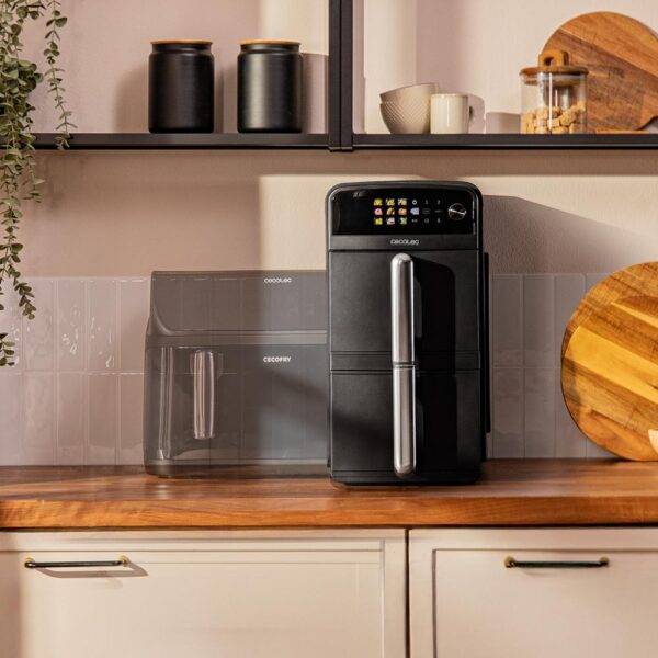 Imagen 5 Freidora de aire de 10 L con diseño vertical y cubetas superpuestas de 5 L. Potencia de 2400 W, control táctil y cocción saludable sin aceite.