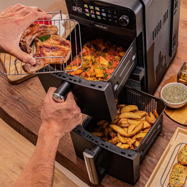 Imagen 7 Freidora de aire de 10 L con diseño vertical y cubetas superpuestas de 5 L. Potencia de 2400 W, control táctil y cocción saludable sin aceite.