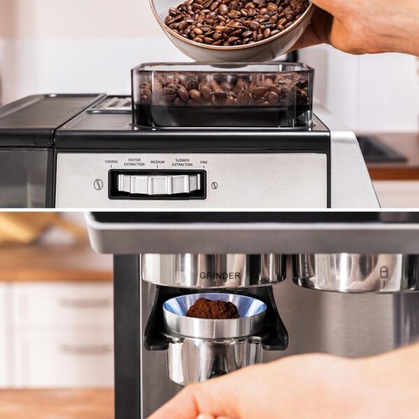 Imagen 5 Cafetera espresso de 20 bares con molinillo integrado y depósito de leche. Tecnología Thermoblock para un calentamiento rápido y manómetro de control profesional.