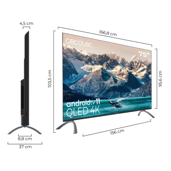 Imagen 3 Disfruta de la TV QLED V2 series VQU20075S de 75 pulgadas con resolución 4K UHD, Android TV 11, Google Assistant y Chromecast para una experiencia inmersiva.