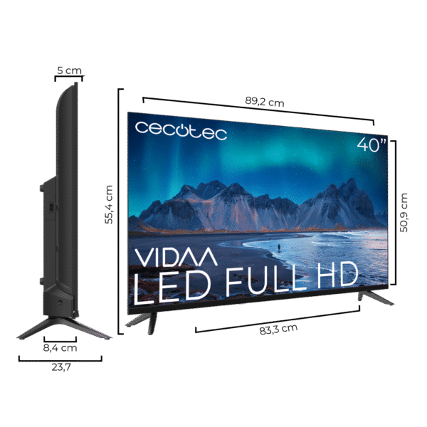 Imagen 3 Televisor Cecotec A5 Series ALF50040 de 40 pulgadas con resolución Full HD, sistema operativo VIDAA, sonido Dolby Audio y conectividad HDMI y USB integrada.